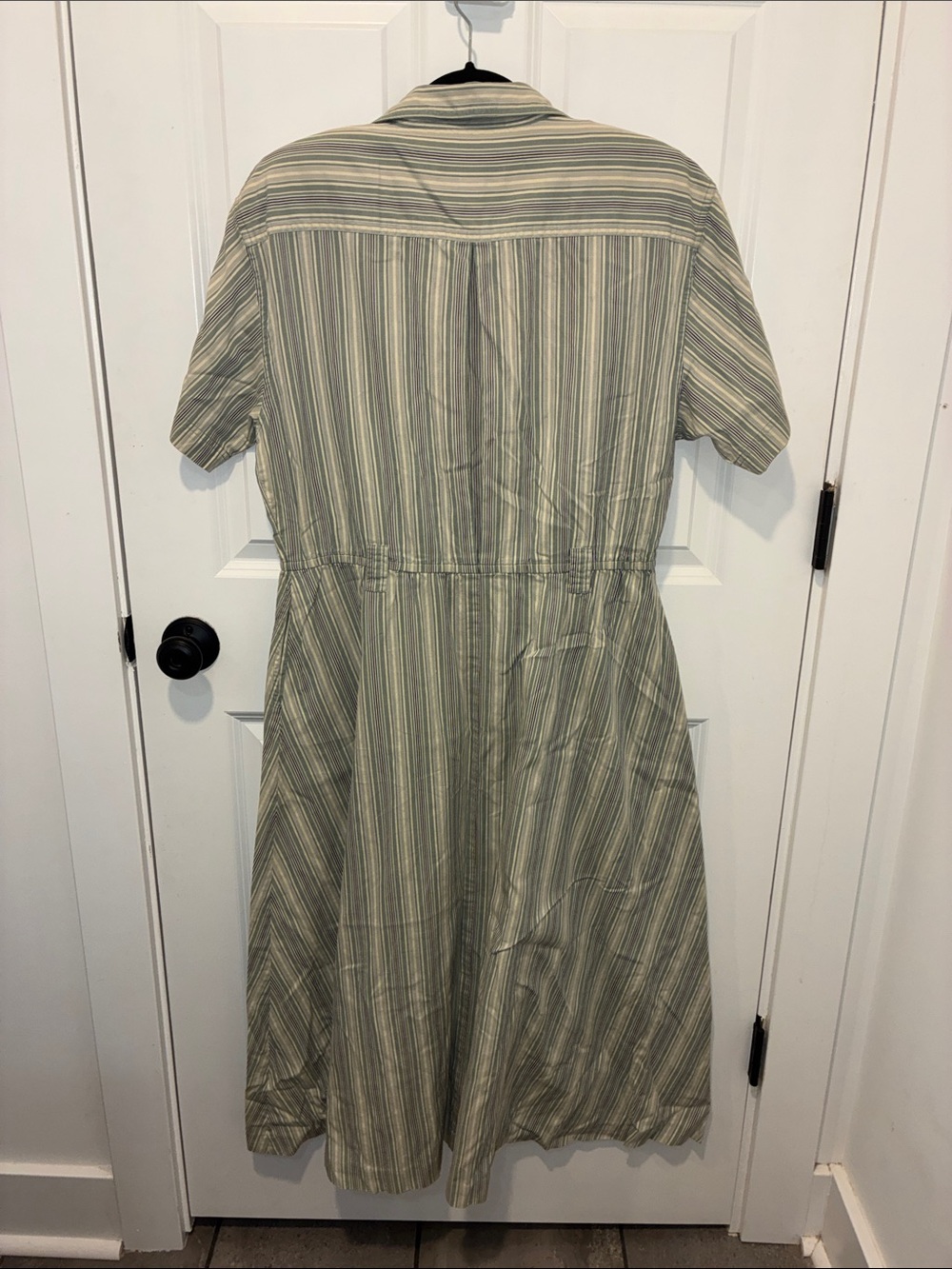 Vintage 100% Cotton Blue Tan Pinstripe Flowy Midi Dress Size 10 - Picture 2 of 6